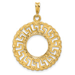 Load image into Gallery viewer, 14K Yellow Gold Greek Key Rope Diamond Cut US $1 Dollar Type 1 and 2 Peso Coin Bezel Holder Pendant Charm Prong Fits 13 mm Coins