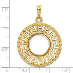 Load image into Gallery viewer, 14K Yellow Gold Greek Key Rope Diamond Cut US $1 Dollar Type 1 and 2 Peso Coin Bezel Holder Pendant Charm Prong Fits 13 mm Coins