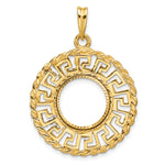 Load image into Gallery viewer, 14K Yellow Gold Greek Key Rope Diamond Cut US $1 Dollar Type 1 and 2 Peso Coin Bezel Holder Pendant Charm Prong Fits 13 mm Coins
