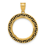 Load image into Gallery viewer, 14K Yellow Gold Diamond Cut And Black Enamel Greek Key 1/10 oz American Eagle Krugerrand Coin Bezel Holder Pendant Charm Prong Fits 16.5 mm Coins