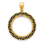 Load image into Gallery viewer, 14K Yellow Gold Diamond Cut And Black Enamel Greek Key US Dime 1/10 oz Panda Cat Coin Bezel Holder Pendant Charm Prong Fits 18 mm Coins