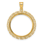 Load image into Gallery viewer, 14K Yellow Gold Diamond Cut Greek Key 1/4 oz American Eagle Panda 2 Rand US $5 Jamestown Coin Bezel Holder Pendant Charm Prong Fits 22 mm Coins