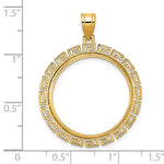 Load image into Gallery viewer, 14K Yellow Gold Textured Greek Key 1/4 oz American Eagle Panda 2 Rand US $5 Jamestown Coin Bezel Holder Pendant Charm Prong Fits 22 mm Coins