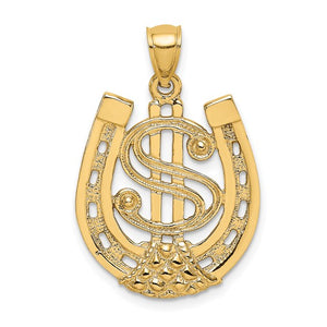 14k Yellow Gold Good Luck Horseshoe Dollar Sign Money Symbol Pendant Charm
