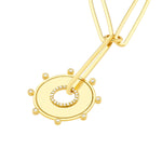 Load image into Gallery viewer, 14K Yellow Gold Diamond Sun Round Medallion Paper Clip Chain Lariat Y Necklace
