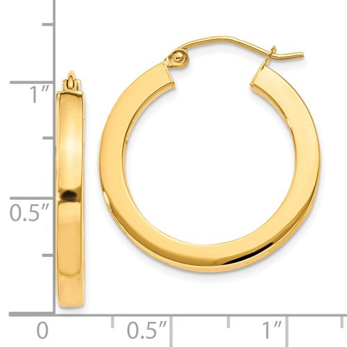 10k Yellow Gold 24mm x 3mm Classic Square Tube Round Hoop Earrings