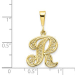 Load image into Gallery viewer, 10K Yellow Gold Initial Letter R Cursive Script Alphabet Filigree Pendant Charm