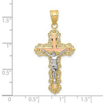 Indlæs billede til gallerivisning 10k Yellow Rose White Gold Tri Color Crucifix Cross Pendant Charm