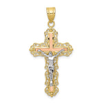 Indlæs billede til gallerivisning 10k Yellow Rose White Gold Tri Color Crucifix Cross Pendant Charm