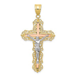 画像をギャラリービューアに読み込む, 10k Yellow Rose White Gold Tri Color Crucifix Cross Pendant Charm