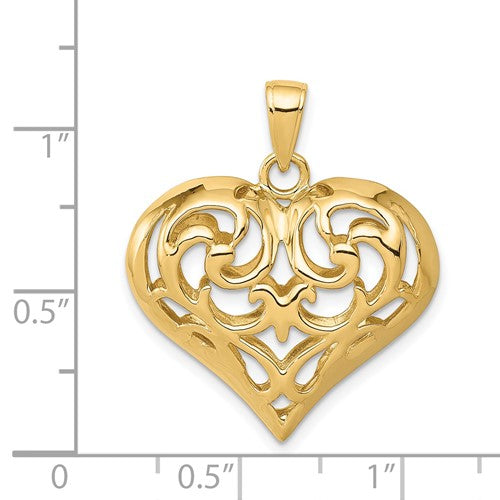 14k Yellow Gold Puffy Filigree Heart Cage 3D Pendant Charm