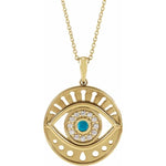 Load image into Gallery viewer, Platinum 14k Yellow Rose White Gold Diamond Eye Turquoise Round Medallion Pendant Charm Necklace Set