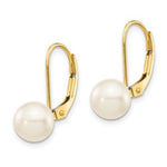 Load image into Gallery viewer, 14K Yellow Gold White Round 7-8mm Saltwater Akoya Cultured Pearl Lever Back Dangle Drop Earrings