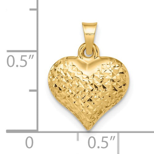14K Yellow Gold Diamond Cut Puffy Heart 3D Pendant Charm