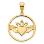 Afbeelding in Gallery-weergave laden, 14k Yellow Gold Claddagh Crown Circle Pendant Charm