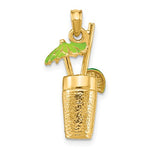 Charger l'image dans la galerie, 14k Yellow Gold Enamel Cocktail Drink Green Umbrella Lime 3D Pendant Charm