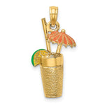 Lataa kuva Galleria-katseluun, 14k Yellow Gold Enamel Cocktail Drink Orange Umbrella Lime 3D Pendant Charm
