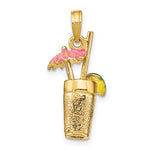Lataa kuva Galleria-katseluun, 14k Yellow Gold Enamel Cocktail Drink Pink Umbrella Lime 3D Pendant Charm