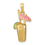 Lataa kuva Galleria-katseluun, 14k Yellow Gold Enamel Cocktail Drink Pink Umbrella Lime 3D Pendant Charm
