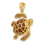 Carica l'immagine nel visualizzatore di Gallery, 14k Yellow Gold Enamel Brown Sea Turtle 3D Large Pendant Charm