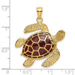 Carica l'immagine nel visualizzatore di Gallery, 14k Yellow Gold Enamel Brown Sea Turtle 3D Large Pendant Charm