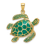 Carica l'immagine nel visualizzatore di Gallery, 14k Yellow Gold Enamel Green Sea Turtle 3D Large Pendant Charm
