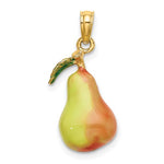 Charger l'image dans la galerie, 14k Yellow Gold Enamel Pear Fruit with Stem Leaf 3D Pendant Charm