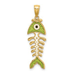 Load image into Gallery viewer, 14k Yellow Gold Enamel Green Fish Bone 3D Pendant Charm