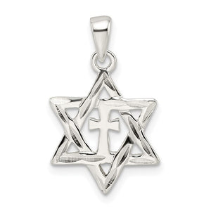 Sterling Silver Diamond Cut Star of David with Cross Pendant Charm