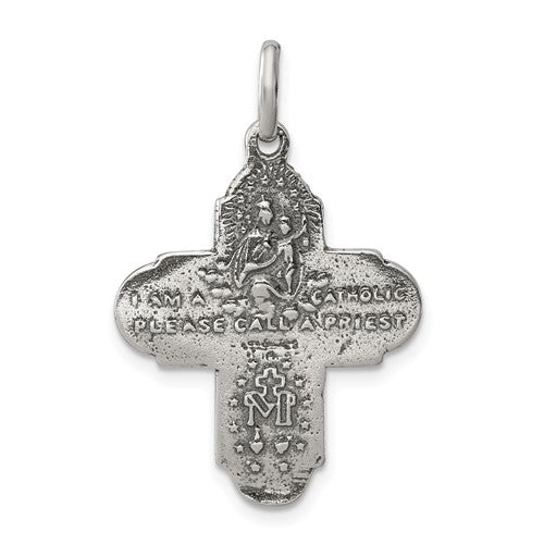 Sterling Silver Cruciform Cross Four Way Miraculous Medal Antique Style Pendant Charm