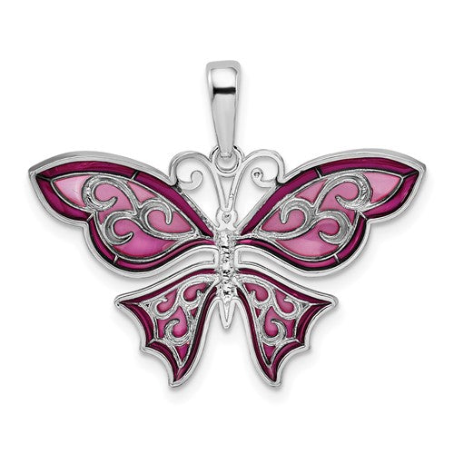 Sterling Silver Enamel Purple Pink Butterfly Pendant Charm
