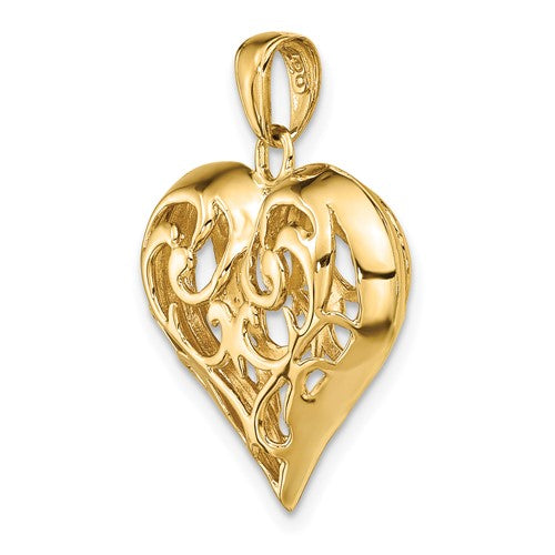 14k Yellow Gold Puffy Filigree Heart Cage 3D Pendant Charm