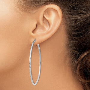14K White Gold Diamond Cut Round Hoop Textured Earrings 60mm x 2mm