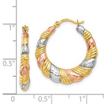 Lade das Bild in den Galerie-Viewer, 14k Yellow Rose Gold and Rhodium Tri Color Scalloped Twisted Round Hoop Earrings
