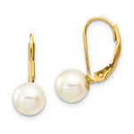 Load image into Gallery viewer, 14K Yellow Gold White Round 7-8mm Saltwater Akoya Cultured Pearl Lever Back Dangle Drop Earrings