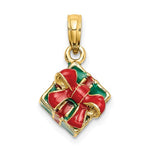 Afbeelding in Gallery-weergave laden, 14k Yellow Gold Enamel Gift Box with Red Bow 3D Pendant Charm