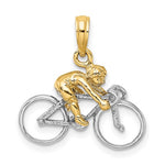 Afbeelding in Gallery-weergave laden, 14k Yellow Gold with Rhodium Bicycle with Rider Cyclist 3D Pendant Charm
