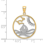 Lade das Bild in den Galerie-Viewer, 14k Yellow Gold Rhodium Sailboat Sun Water Seagulls Beach Ocean Sea Pendant Charm