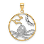 Lade das Bild in den Galerie-Viewer, 14k Yellow Gold Rhodium Sailboat Sun Water Seagulls Beach Ocean Sea Pendant Charm
