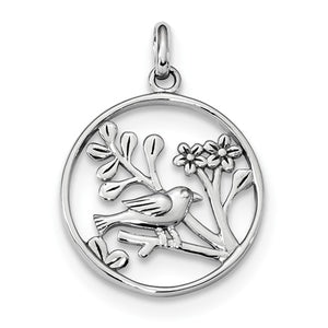 Sterling Silver Bird and Flowers Round Pendant Charm