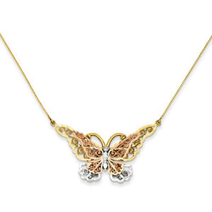 14k Gold Tri Color Butterfly Necklace 17 inches