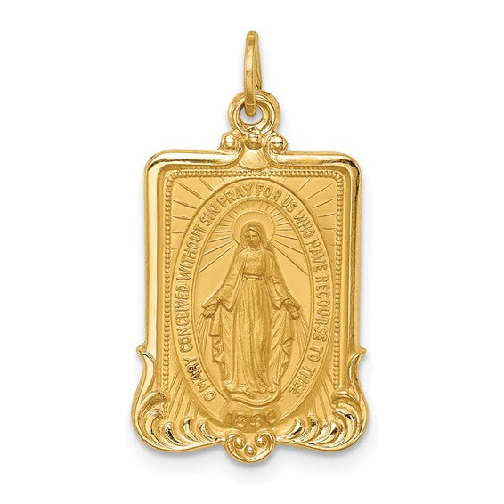 14k Yellow Gold Blessed Virgin Mary Miraculous Medal Rectangle Pendant Charm