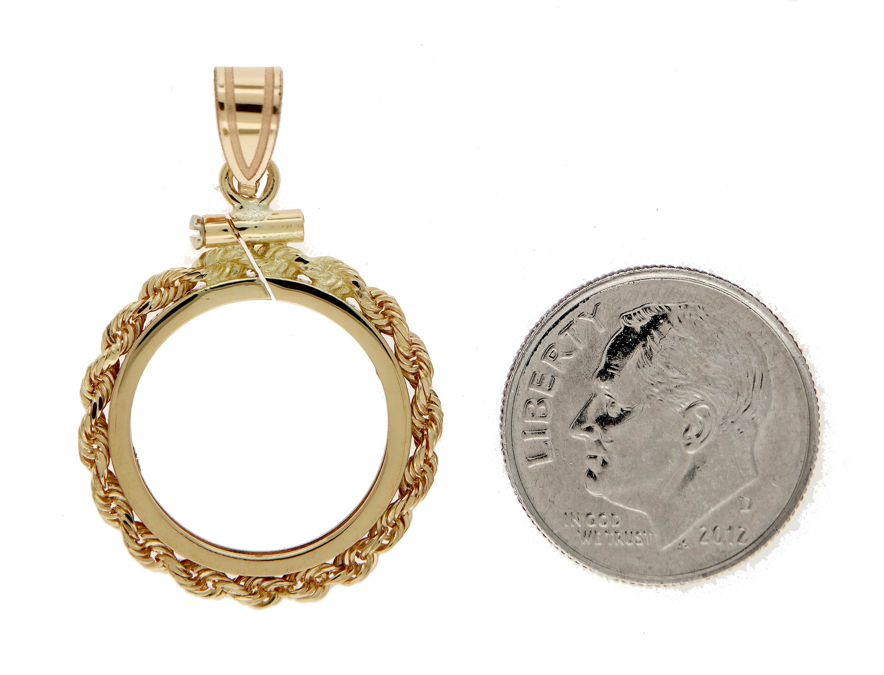 14K Yellow Gold Holds 16mm Coins 1/10 oz Maple Leaf 1/10 oz Philharmonic 1/10 oz Australian Nugget 1/10 oz Kangaroo Coin Holder Rope Bezel Screw Top Pendant Charm