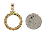Carica l&#39;immagine nel visualizzatore di Gallery, 14K Yellow Gold Holds 16mm Coins 1/10 oz Maple Leaf 1/10 oz Philharmonic 1/10 oz Australian Nugget 1/10 oz Kangaroo Coin Holder Rope Bezel Screw Top Pendant Charm
