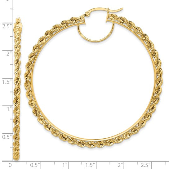 10K Yellow Gold 65mm x 2.95mm Rope Round Hoop Earrings