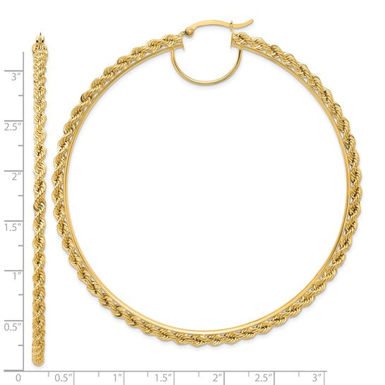 10K Yellow Gold 80mm x 2.95mm Rope Round Hoop Earrings