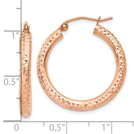 10k Rose Gold 25mm x 3mm Diamond Cut Round Hoop Earrings