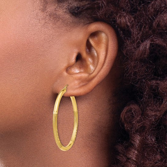10K Yellow Gold 47mm x 3mm Satin Diamond Cut Round Hoop Earrings