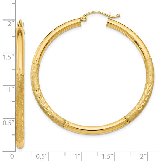 10K Yellow Gold 47mm x 3mm Satin Diamond Cut Round Hoop Earrings