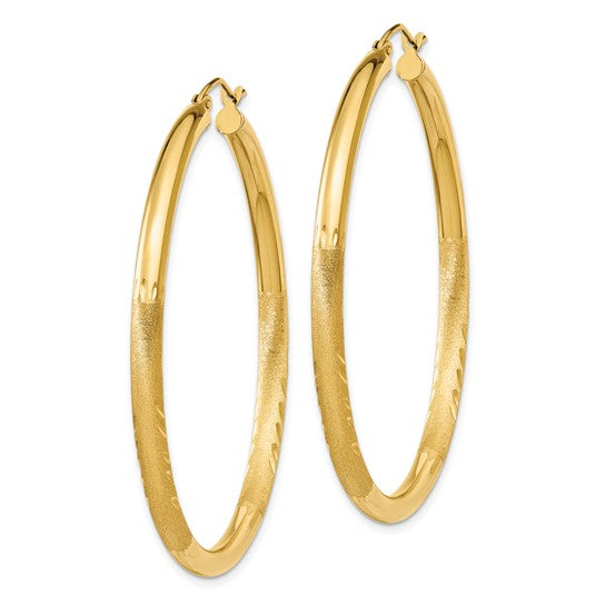 10K Yellow Gold 50mm x 3mm Satin Diamond Cut Round Hoop Earrings